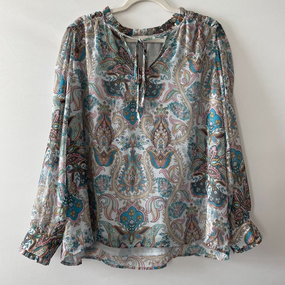 LOFT Women’s XL Paisley Floral Tie Neck Blouse Long Sleeve Lined Multicolor